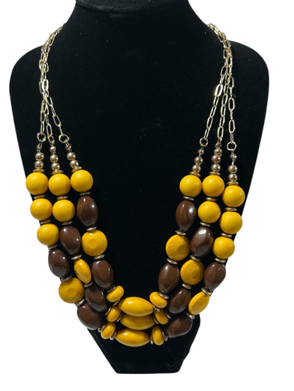 Boho Chunky Triple Strand Statement Necklace‎ Golden Yellow & Earthy Brown Beads